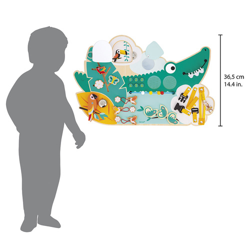 Janod Duża drewniana tablica manipulacyjna 14 aktywności Krokodyl Tropik 18m+