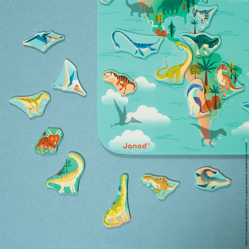 Janod Układanka drewniana magnetyczna Mapa świata z 50 magnesami Dinozaury 7+