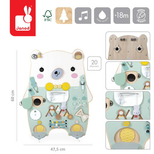 Janod Duża drewniana tablica manipulacyjna 20 aktywności Miś Pure 18m+
