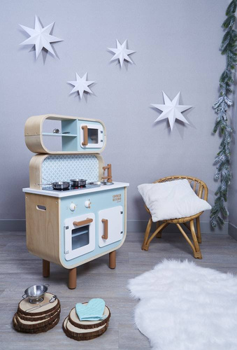 Janod Dwustronna drewniana kuchnia z pralką 2w1, z dźwiękiem, światłem LED i 8 akcesoriami