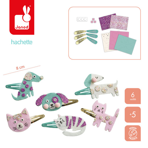 Janod Zestaw kreatywny do tworzenia biżuterii Brokatowe spinki do włosów Pieski i kotki 5+