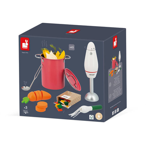 Janod Zestaw do gotowania zupy z drewnianym blenderem i akcesoriami 3+