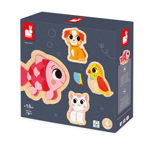 Janod Puzzle progresywne drewniane Zwierzęta domowe 4 układanki – 2, 3, 4 i 5 elementów 18 m+