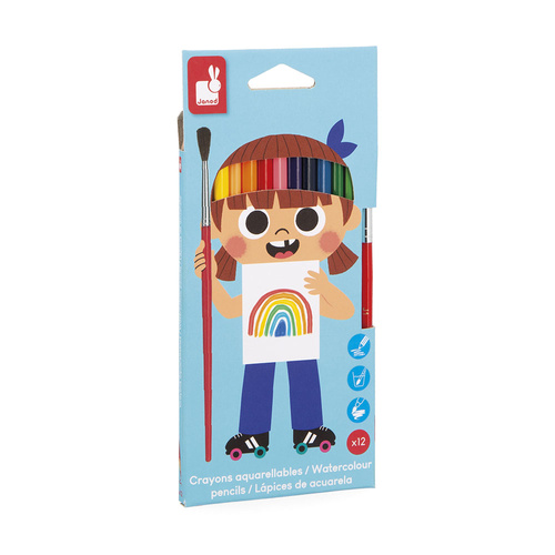 Janod Kredki akwarelowe z pędzelkiem 12 kolorów 3+