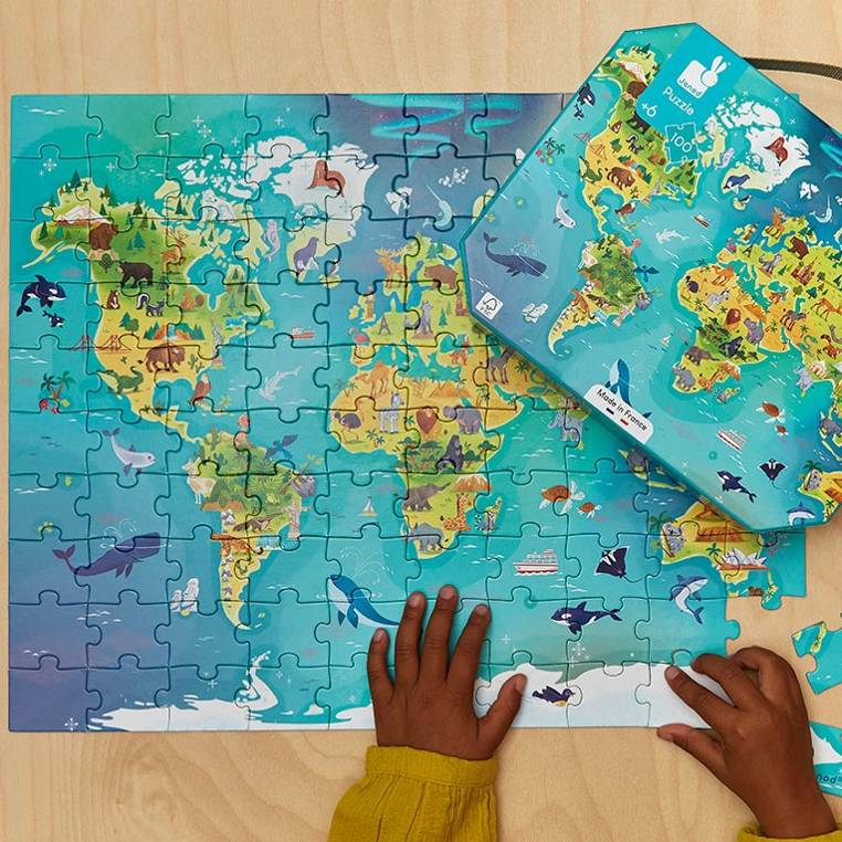Puzzle w walizce Mapa świata 100 elementów 6+ Made in France, Janod