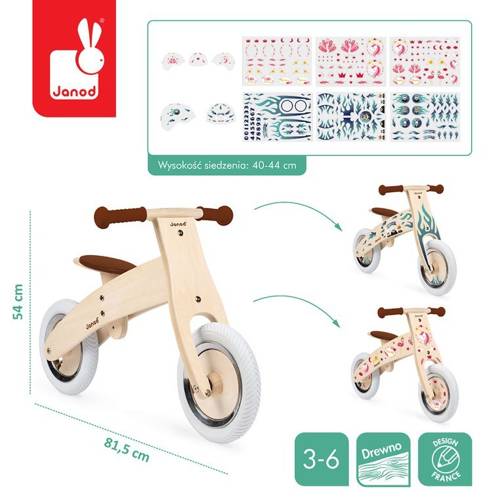 Drewniany rowerek biegowy z naklejkami do personalizacji Bikloon Nature 3+, Janod