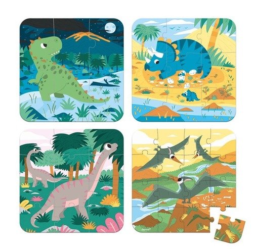 Puzzle progresywne w walizce Dinozaury 4 układanki – 6, 9, 12 i 16 elementów 3+, Janod